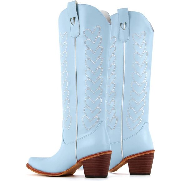 Women's Blue Hearts Cute Embroidery Chunky Knee Block High Heel Western Boots - Picture 6 of 7